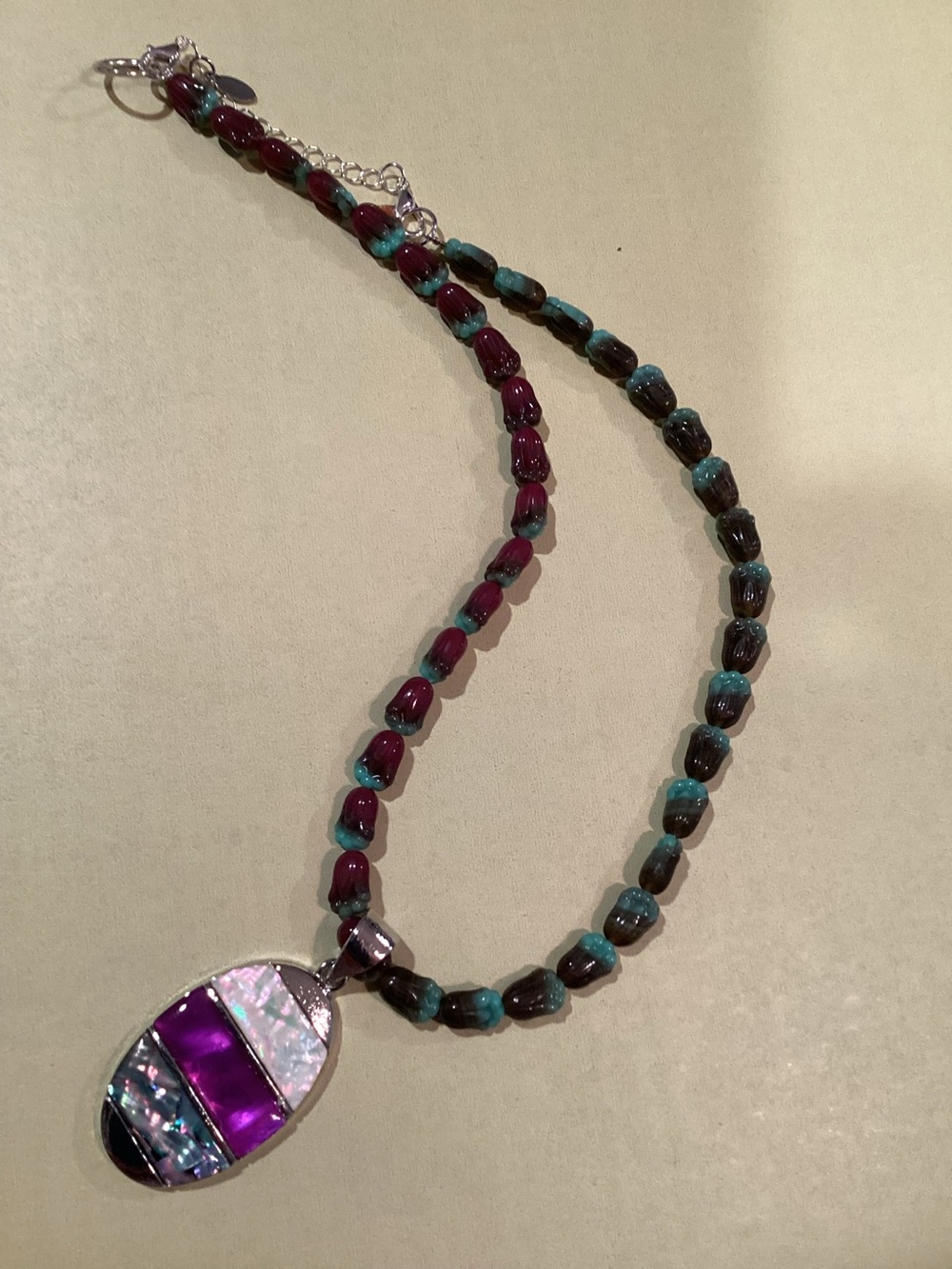 Artisan Handcrafted Green and Magenta Beaded Necklace with Multi Color Pendant